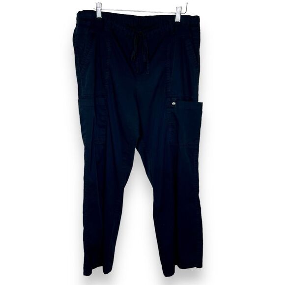 Black Scrub Uniform Cargo Pant Utility Split Hem Elastic Drawstring Women XL - Picture 1 of 15